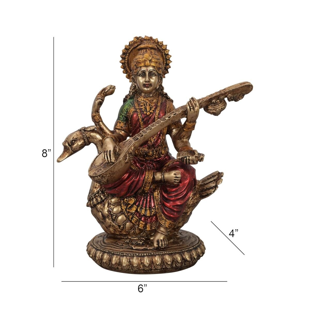 'Goddess Saraswati Idol' Antique Golden Resin Figurine Idol Statue - 8 Inches | Saraswati Murti