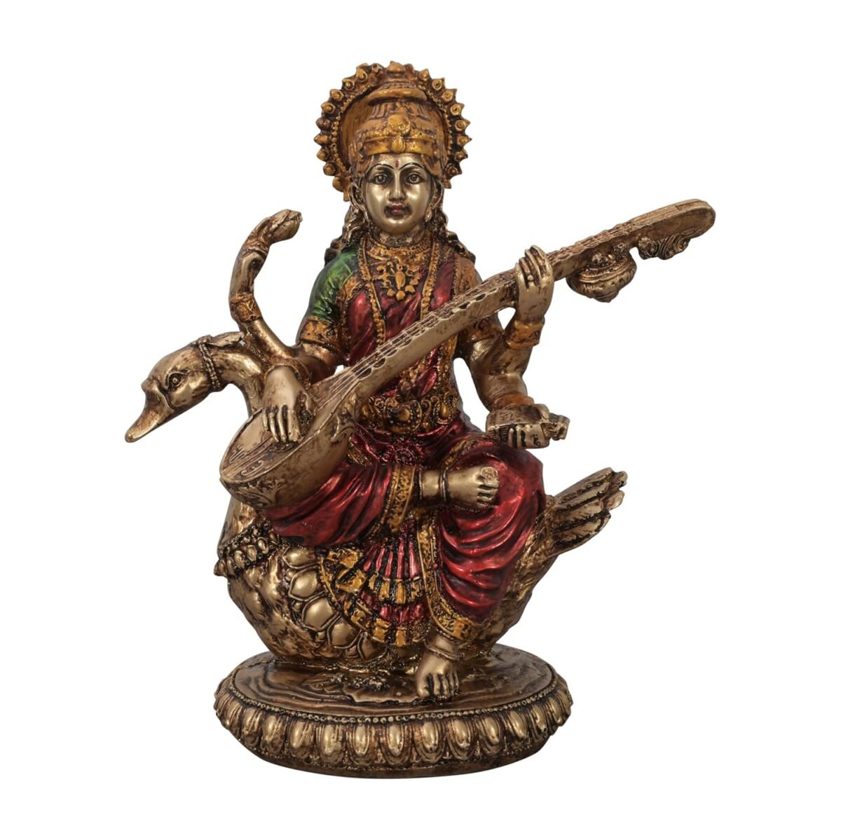 'Goddess Saraswati Idol' Antique Golden Resin Figurine Idol Statue - 8 Inches | Saraswati Murti
