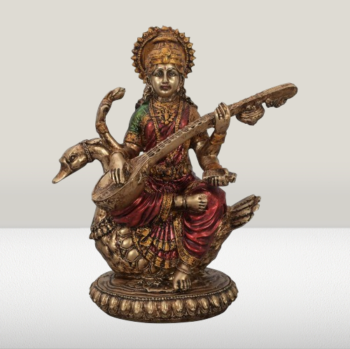 'Goddess Saraswati Idol' Antique Golden Resin Figurine Idol Statue - 8 Inches | Saraswati Murti