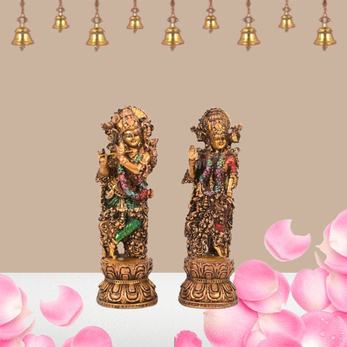 Copper Finished Resin Radha Krishna Idol Set - 8.5" Inches | Radha Krishna Statue Figurine for Home Mandir & Gift