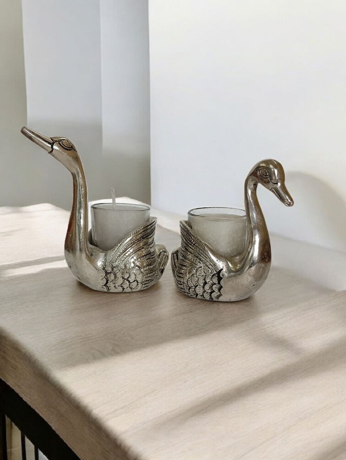 Kraftsun Aluminium Silver Colored Pair of Swan for Good Luck and Love | Candle Holder for Home Decor Showpiece for Gifting
