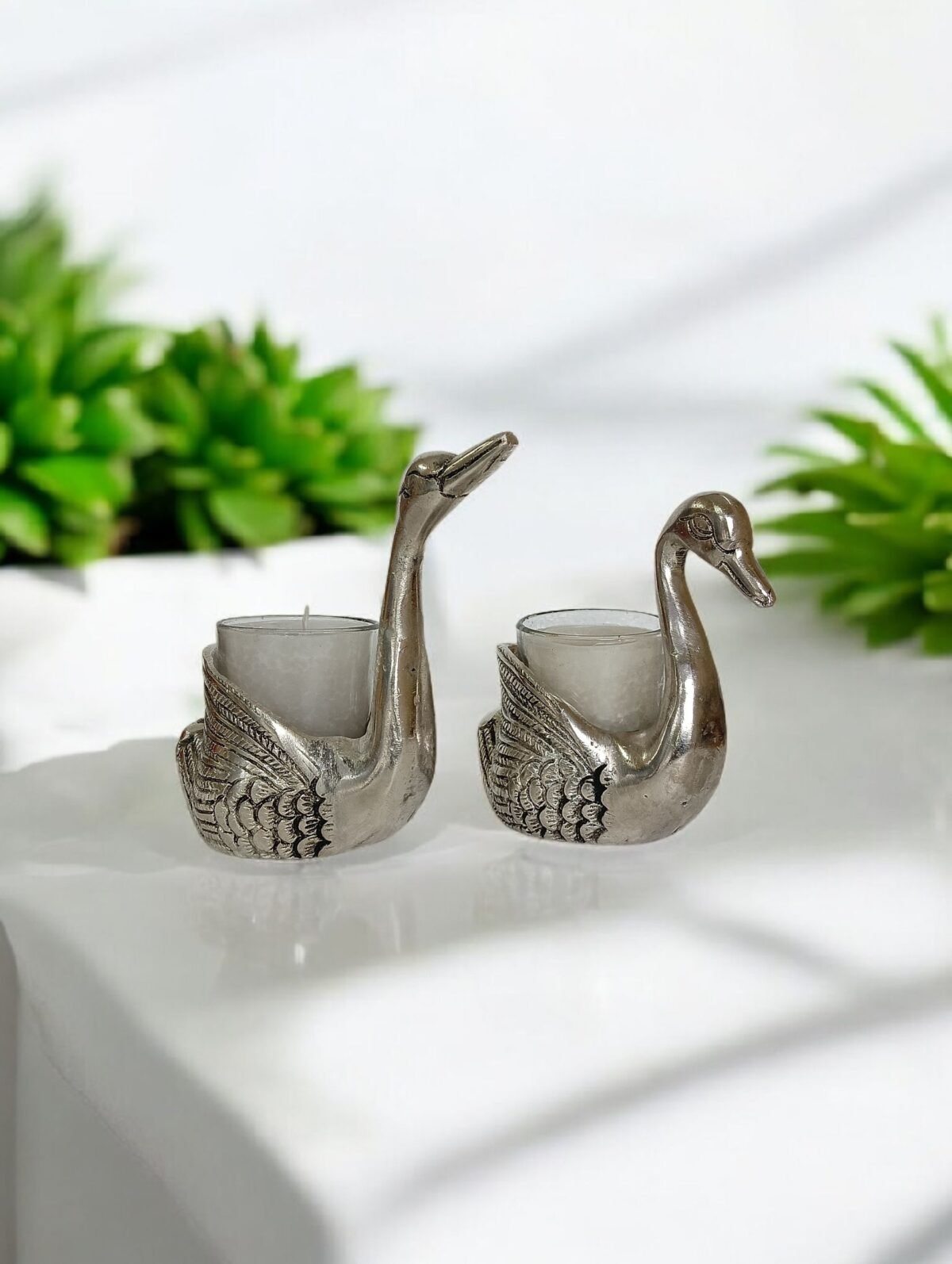 Kraftsun Aluminium Silver Colored Pair of Swan for Good Luck and Love | Candle Holder for Home Decor Showpiece for Gifting