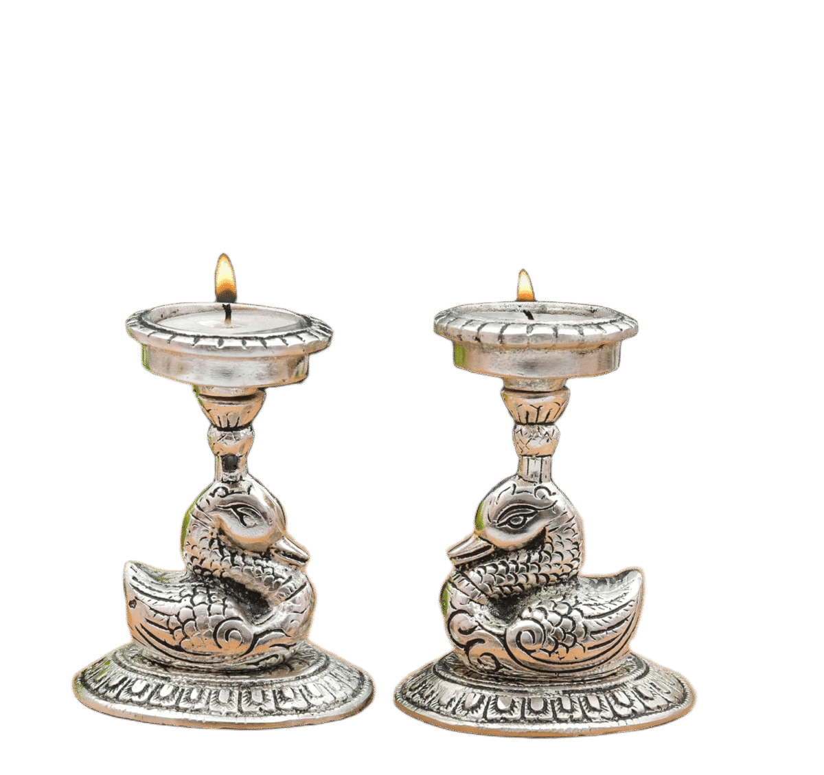 Kraftsun Aluminium Silver Coloured Pair of Duck for Good Luck and Love | Candle Holder for Home Decor Showpiece for Gifting