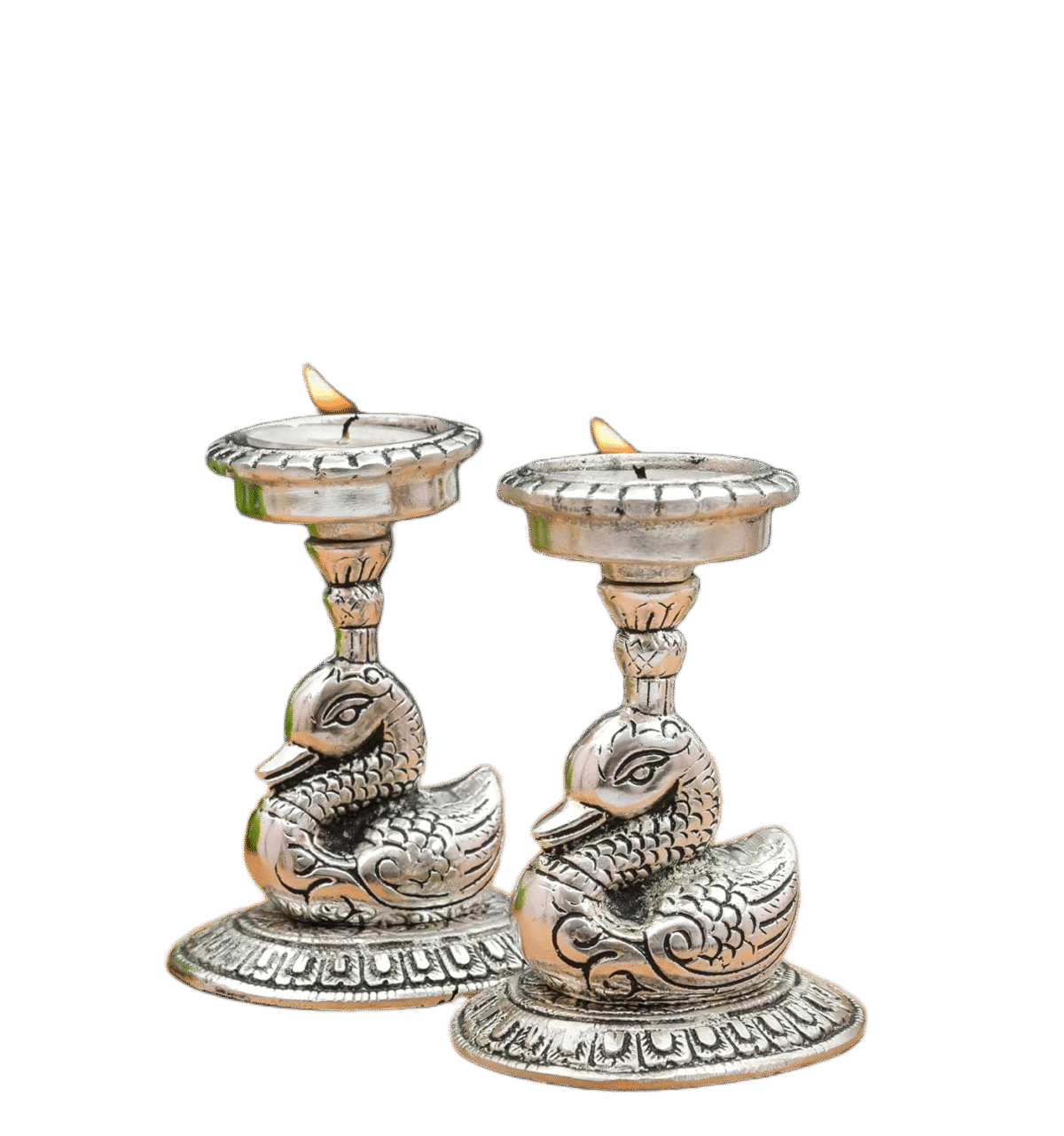 Kraftsun Aluminium Silver Coloured Pair of Duck for Good Luck and Love | Candle Holder for Home Decor Showpiece for Gifting
