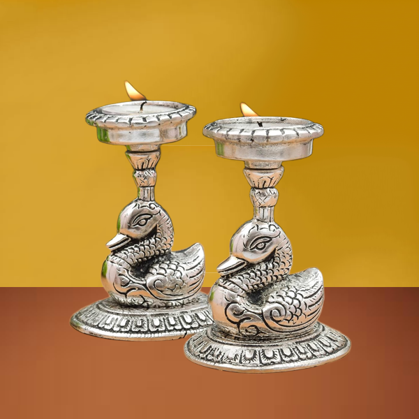Kraftsun Aluminium Silver Coloured Pair of Duck for Good Luck and Love | Candle Holder for Home Decor Showpiece for Gifting