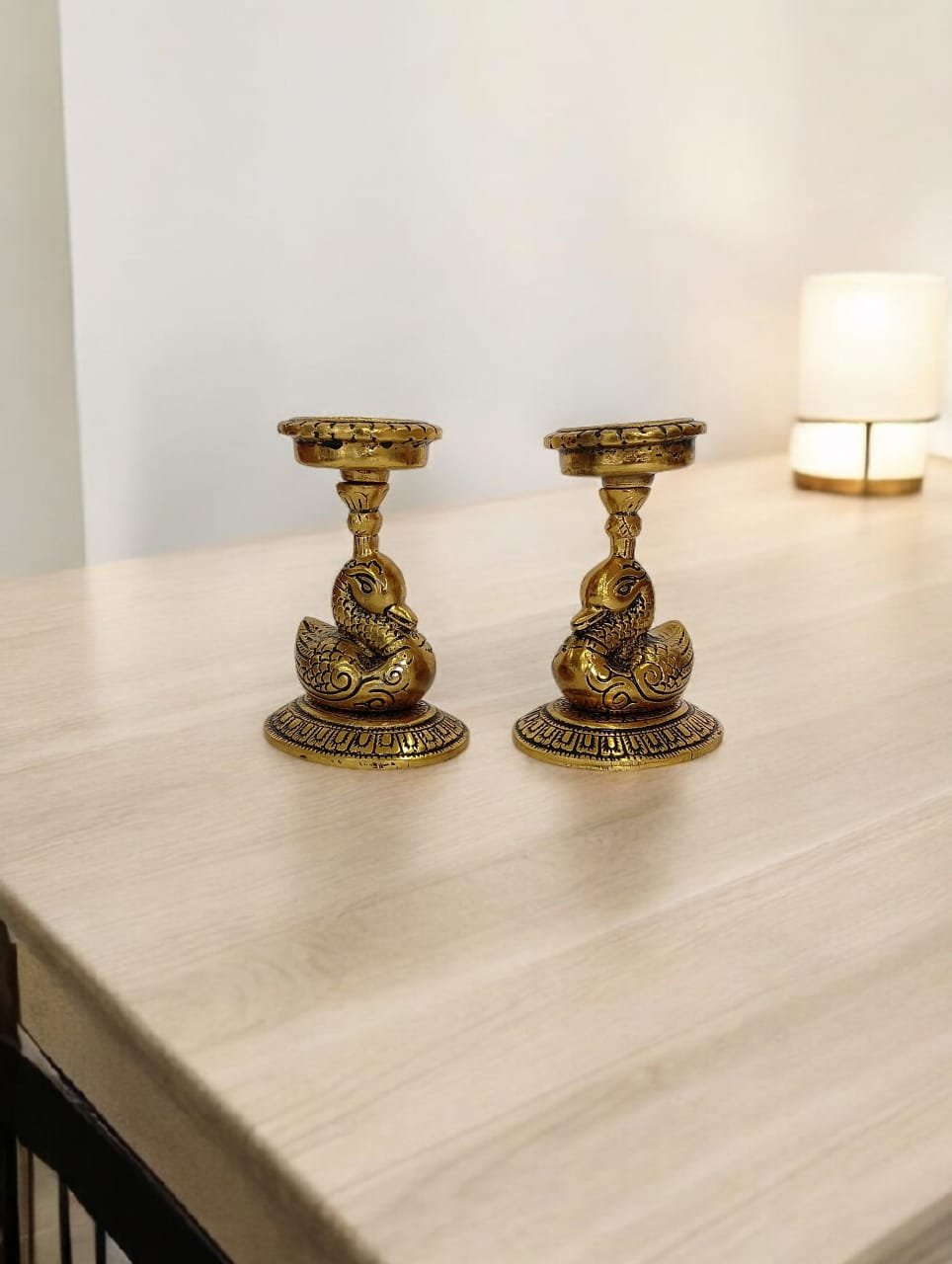 Kraftsun Aluminium Golden Coloured Pair of Duck for Good Luck and Love | Candle Holder for Home Decor Showpiece for Gifting