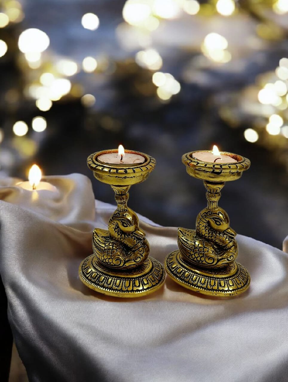 Kraftsun Aluminium Golden Coloured Pair of Duck for Good Luck and Love | Candle Holder for Home Decor Showpiece for Gifting