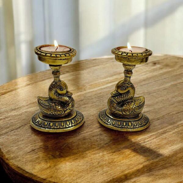 Kraftsun Aluminium Golden Coloured Pair of Duck for Good Luck and Love | Candle Holder for Home Decor Showpiece for Gifting