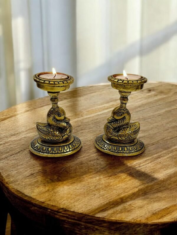 Kraftsun Aluminium Golden Coloured Pair of Duck for Good Luck and Love | Candle Holder for Home Decor Showpiece for Gifting
