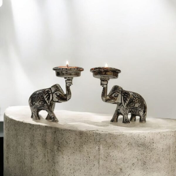 Kraftsun Aluminium Silver Coloured Elephant Pair for Good Luck and Love | Candle Holder for Home Decor Showpiece for Gifting