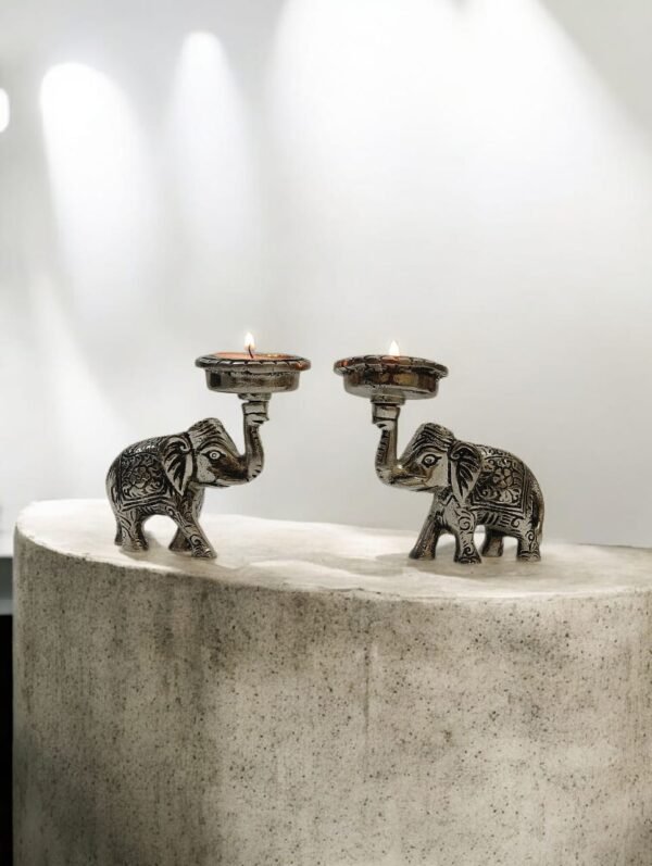 Kraftsun Aluminium Silver Coloured Elephant Pair for Good Luck and Love | Candle Holder for Home Decor Showpiece for Gifting