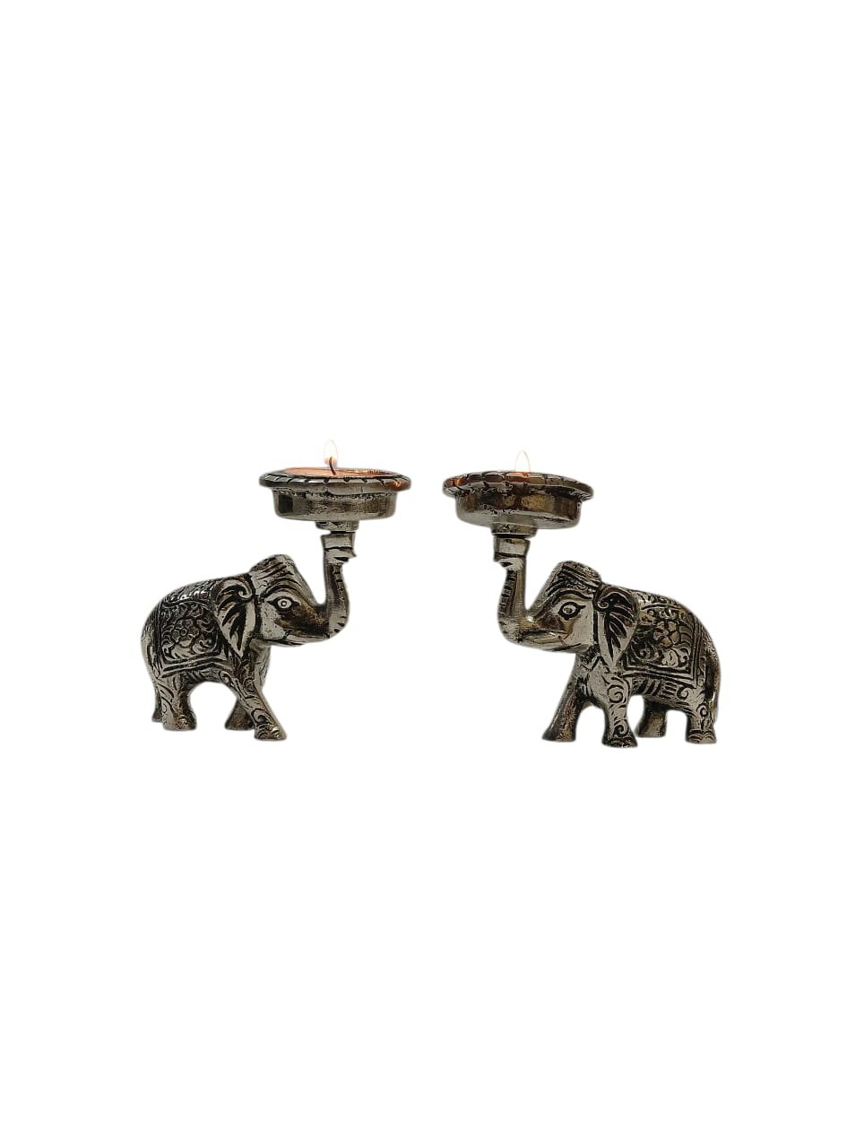 Kraftsun Aluminium Silver Coloured Elephant Pair for Good Luck and Love | Candle Holder for Home Decor Showpiece for Gifting