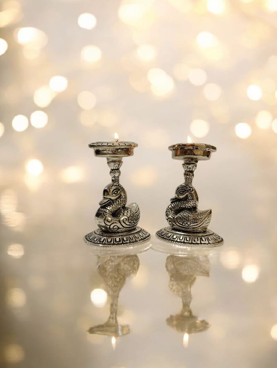 Kraftsun Aluminium Silver Coloured Pair of Duck for Good Luck and Love | Candle Holder for Home Decor Showpiece for Gifting