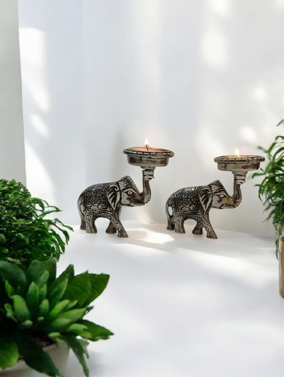 Kraftsun Aluminium Silver Coloured Elephant Pair for Good Luck and Love | Candle Holder for Home Decor Showpiece for Gifting