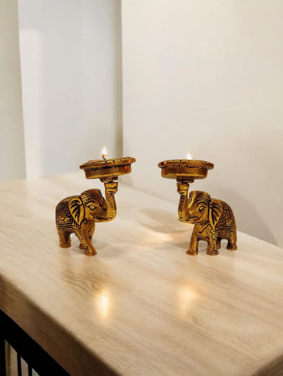 Kraftsun Aluminium Golden Coloured Elephant Pair for Good Luck and Love | Candle Holder for Home Decor Showpiece for Gifting