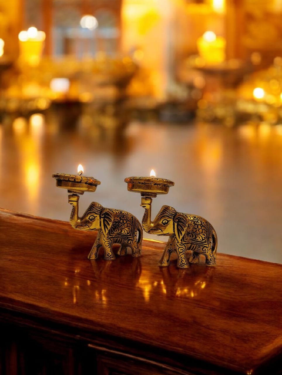 Kraftsun Aluminium Golden Coloured Elephant Pair for Good Luck and Love | Candle Holder for Home Decor Showpiece for Gifting