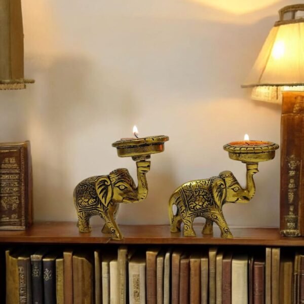 Kraftsun Aluminium Golden Coloured Elephant Pair for Good Luck and Love | Candle Holder for Home Decor Showpiece for Gifting