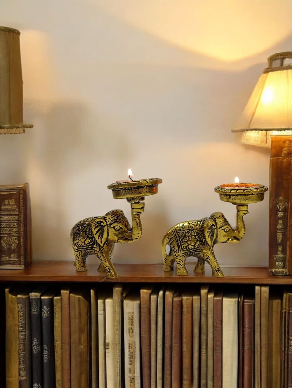 Kraftsun Aluminium Golden Coloured Elephant Pair for Good Luck and Love | Candle Holder for Home Decor Showpiece for Gifting