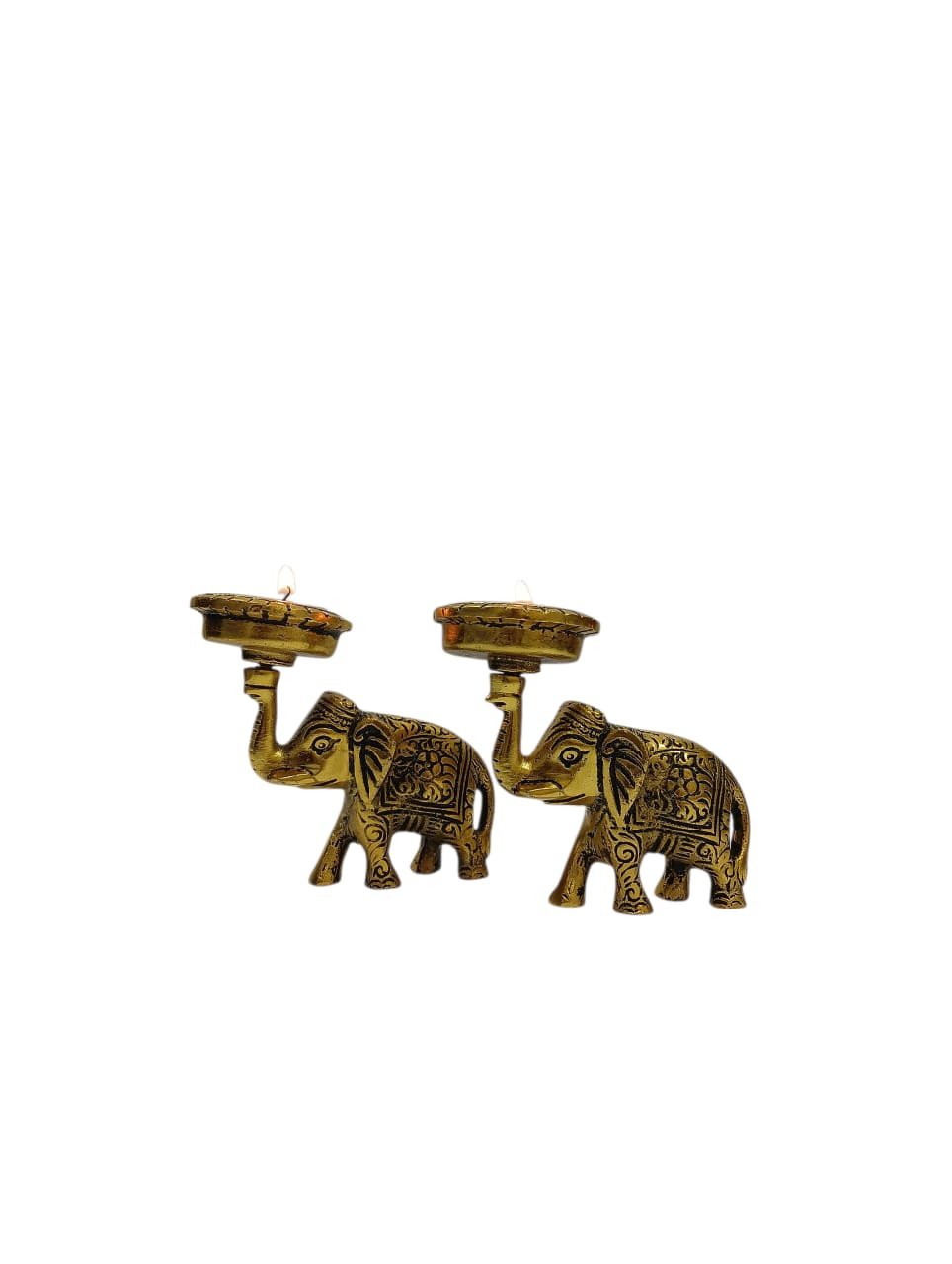 Kraftsun Aluminium Golden Coloured Elephant Pair for Good Luck and Love | Candle Holder for Home Decor Showpiece for Gifting