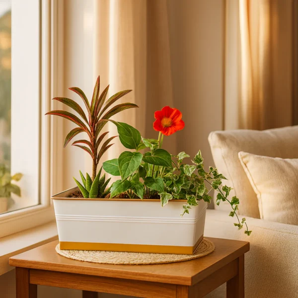 POT042-WHT White Coloured Designer 16 Inches Rectangular Metal Plant Pot for Home Decor