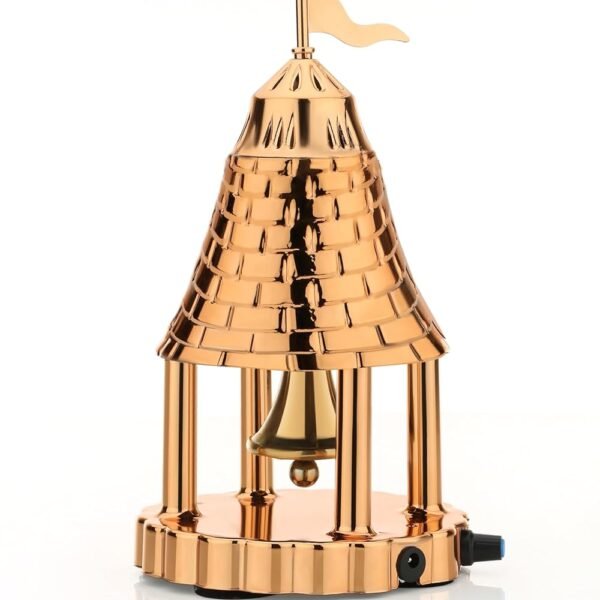 71PkEXmy7NL._SL1500_ Brass Automatic Electric Pooja Bell, Rose Gold Temple Design with Flag, 6 x 9 Inch, Adjustable Speed Control, Traditional Ghanta for Temple, Home Worship