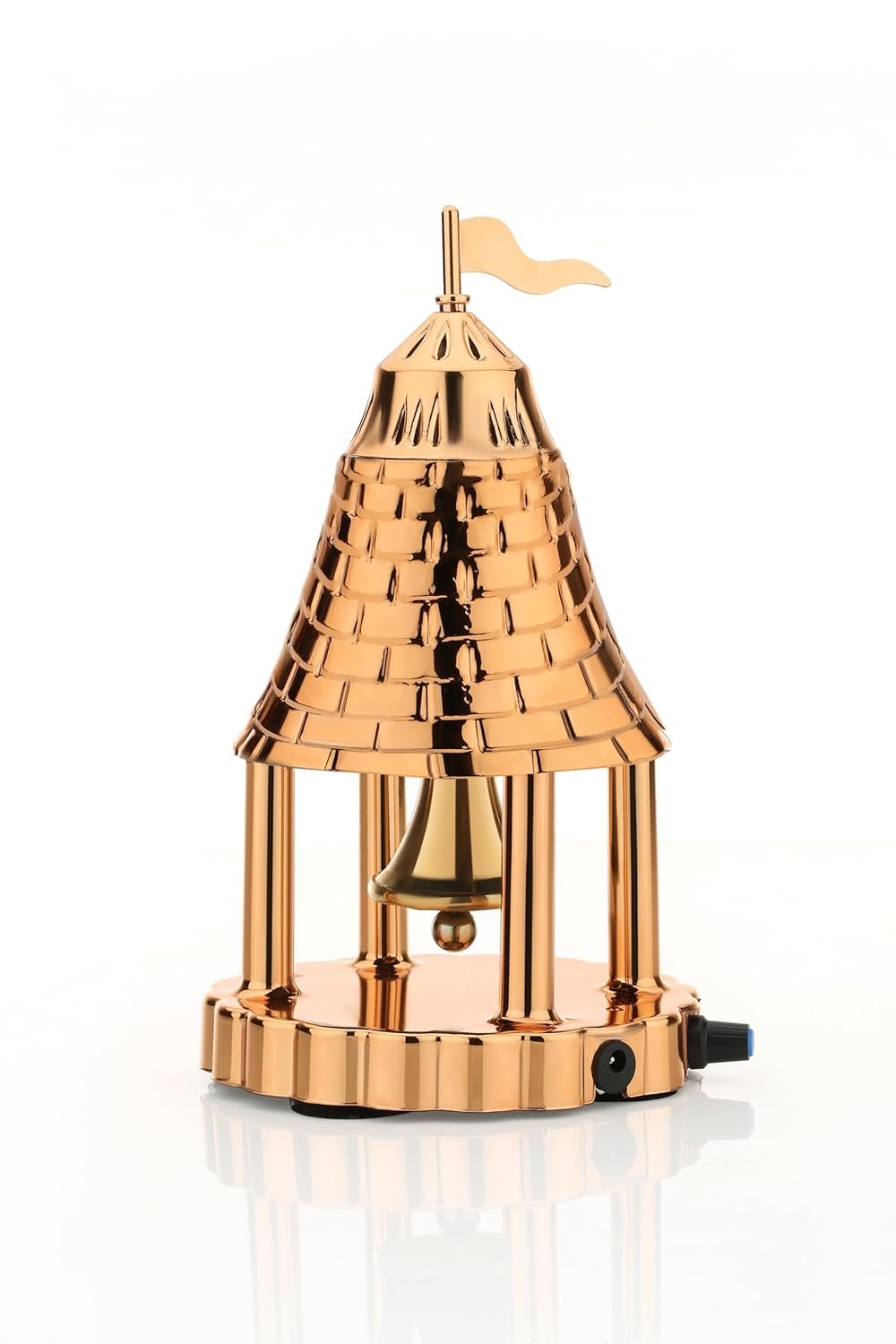 Brass Automatic Electric Pooja Bell, Rose Gold Temple Design with Flag, 6 x 9 Inch, Adjustable Speed Control, Traditional Ghanta for Temple, Home Worship