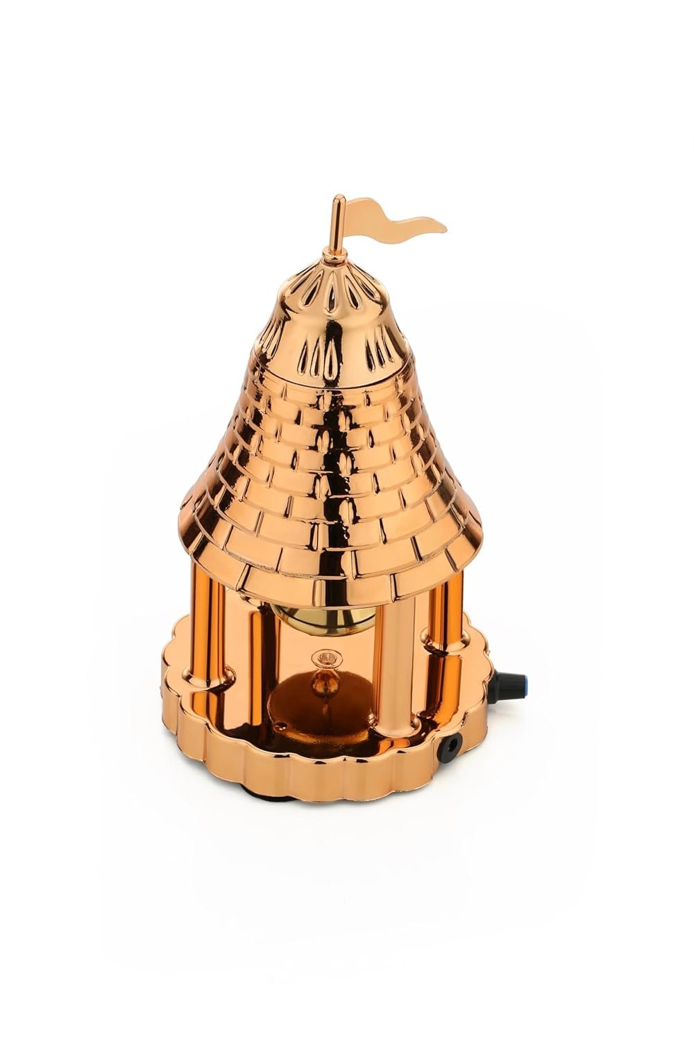 Brass Automatic Electric Pooja Bell, Rose Gold Temple Design with Flag, 6 x 9 Inch, Adjustable Speed Control, Traditional Ghanta for Temple, Home Worship