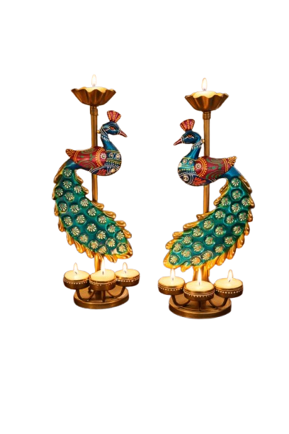 Peacock 1 Elegant Metal Peacock Candle Holder -for Home Decoration Diwali, Intricate Design Tealight Candle Holders for Home Diwali Decor, Handpainted Tealight Candle Holder (Double Side)