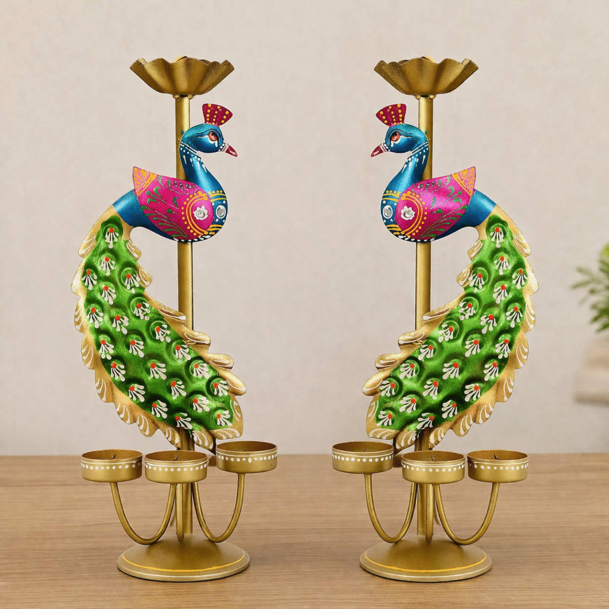 Peacock 2 Elegant Metal Peacock Candle Holder -for Home Decoration Diwali, Intricate Design Tealight Candle Holders for Home Diwali Decor, Handpainted Tealight Candle Holder (Double Side)