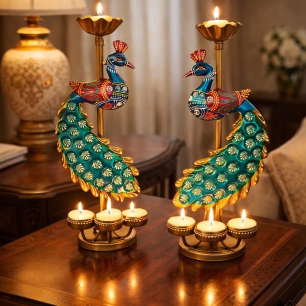 Elegant Metal Peacock Candle Holder -for Home Decoration Diwali, Intricate Design Tealight Candle Holders for Home Diwali Decor, Handpainted Tealight Candle Holder (Double Side)