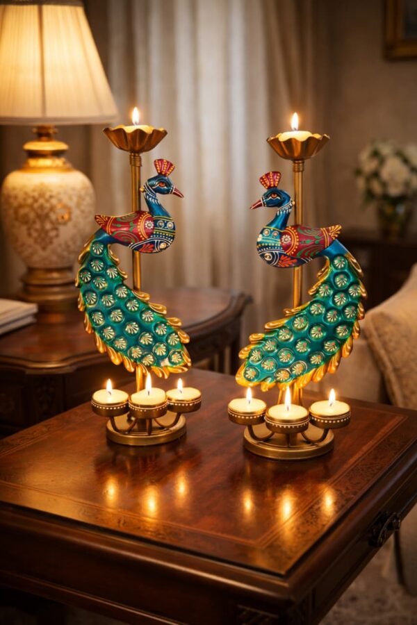 Elegant Metal Peacock Candle Holder -for Home Decoration Diwali, Intricate Design Tealight Candle Holders for Home Diwali Decor, Handpainted Tealight Candle Holder (Double Side)